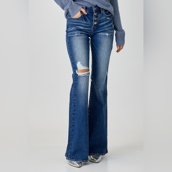 RISEN Distressed Button-Fly Flare Jeans - Picture 3 of 7